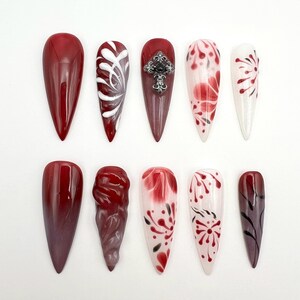 Hand-Painted Gothic Wine Red Press On Nails: Floral Vampire Kiss