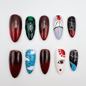 Anime Press On Nails: Tanjiro respirando água e fazendo nail art pintada à mão