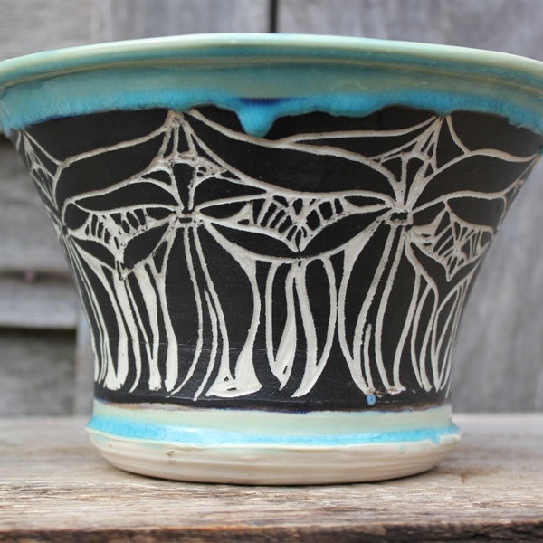 Art Nouveau Sgraffito Whale Tail Bowl with Rich Blue Glaze