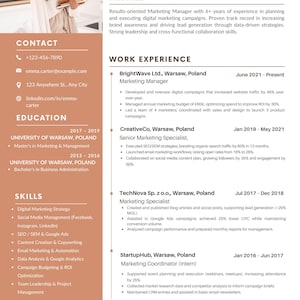 Plantilla de currículum de marketing creativo para Canva y Google Docs | CV y carta de presentación modernos y compatibles con ATS