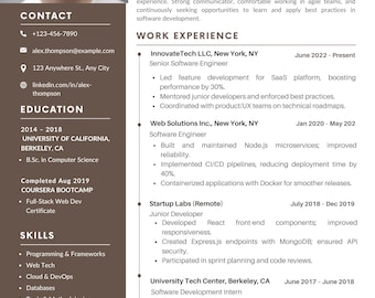 May include: A resume for Alex Thompson, a software engineer, with a photo, contact information, education, skills, and work experience. The resume is on a white background with a brown header and sidebar.