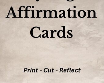 May include: A digital product image with the text "Daily Digital Affirmation Cards" in black. Below, the text "Print - Cut - Reflect" is displayed. The Etsy shop name "HMNG Studio" is at the bottom. The background has a beige, watercolor-like texture.