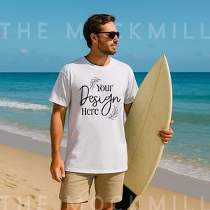 Bella Canvas 3001 White T-Shirt Mockup: Mens Beach Design (Digital Download Jpeg File)