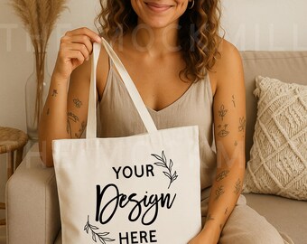 Boho Tote Bag Mockup: Natural Canvas Flatlay (JPEG Digital Download)