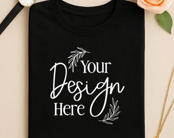 Bella Canvas 3001 Black T-Shirt Mockup: Women's Flatlay (Digital Download)