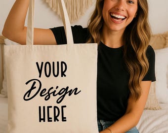 Canvas Tote Bag Mockup: Boho Style Flatlay (JPEG Digital Download)