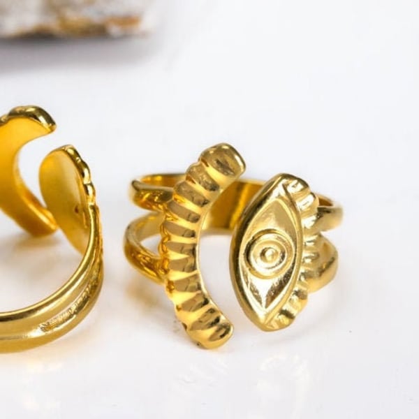 Gold Evil Eye protection Ring, Ethnic Ring, Adjustable Ring, Knuckle Rings, gift for her