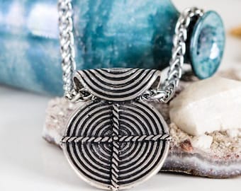 Large Silver Geometric Necklace, Thick Chain, Ancient Round Meander Cross, Boho Ethnic Necklace