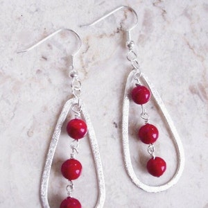 Red Coral Earrings, Dangle Oval Hoop, Brushed silver, Sterling modern jewelry, jewelry gift for her