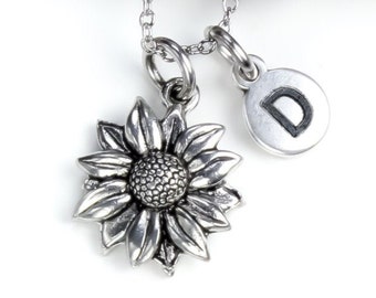 Silver sunflower necklace, Antique silver daisy necklace delicate flower Personalized Pendant Monogram Initial charm jewelry gift