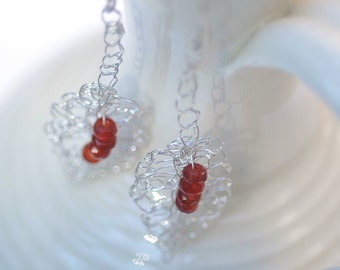 Sterling Silver Leaf Earrings, Leaf Drop Earrings, Natural carnelian gemstone earrings,  Sterling Silver Lace Hand Crochet, Gifts for her