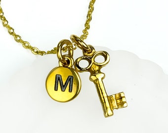 Key Charm Necklace, Gold key to my heart Necklace, Love, Friendship Necklace, Love Gift, Personalized Monogram, Initial Necklace