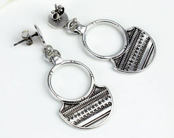 Silver shield earrings, Tuareg dangle statement earrings, bohemian tribal ethnic Jewelry,  gift