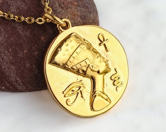 Nefertiti Layering Necklace, Egyptian Jewelry, Egyptian Queen Necklace, Gold Nefertiti, Ethnic Feminine Coin Disc Pendant, Goddess gift
