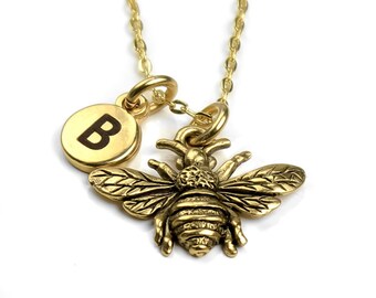 Honey Bee Necklace Gold Bee charm Necklace Personalized Bumble Bee pendant including Monogram Initial Bee Lover jewelry gift