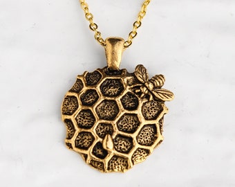 Honeycomb Bee Necklace, Layering Gold honey Bee Jewelry, Bee Hive, Personalized option Monogram Initial, Bee Lover gift