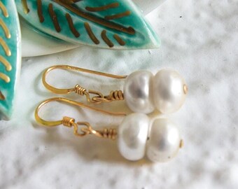 18K Gold Filled White Pearl Earrings, Handmade Wire Wrapped Dangles