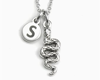 Snake necklace, Antique Silver engraved serpent charm, Personalized Pendant, Monogram Initial, bohemian jewelry gift for her for him