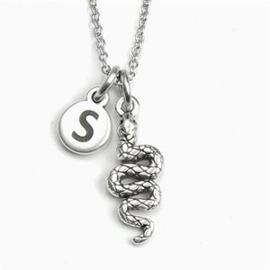 Snake necklace, Antique Silver engraved serpent charm, Personalized Pendant, Monogram Initial, bohemian jewelry gift for her for him image 1