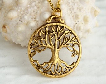 Tree of Life Necklace, Antique Gold Bohemian Layering Pendant, Family Tree Jewelry