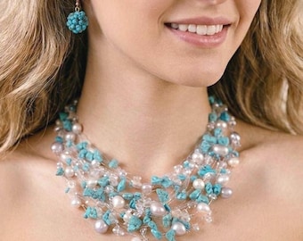Turquoise & Pearl Multi Strand Necklace, Silver Wire Wrapped, Handmade  Statement Jewelry
