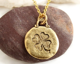 Lucky Shamrock Gold necklace, Irish, Four Leaf Clover, Layering Charm initial personalized Necklace, Dainty Boho good luck gift for all