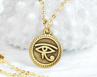 Gold Evil Eye Layering Necklace, Egyptian Eye of Horus Jewelry, Dainty Boho double sided coin, Ethnic statement good luck charm gift for her