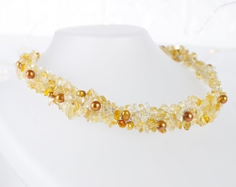 Citrine Necklace and gold pearls, Crochet Necklace, yellow gemstone necklace, Sterling Silver extension