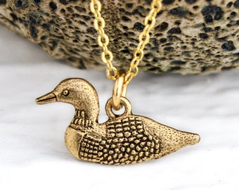 Loon Necklace, Antique Gold Bohemian Layering water bird charm pendant, Personalized Initial birthstone option, love gift