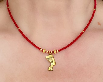 Nefertiti beaded Necklace, Egyptian Queen Necklace, Antique Gold Nefertiti Necklace with matte Red glass & Vermeil Gold beads, jewelry gift