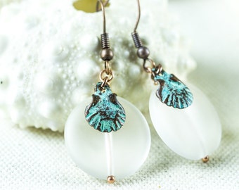 Sea glass and shell Patina earrings, Seaglass jewelry, Beaded Earrings, bohemian Sea jewelry, Seashell, boho Beach Earrings