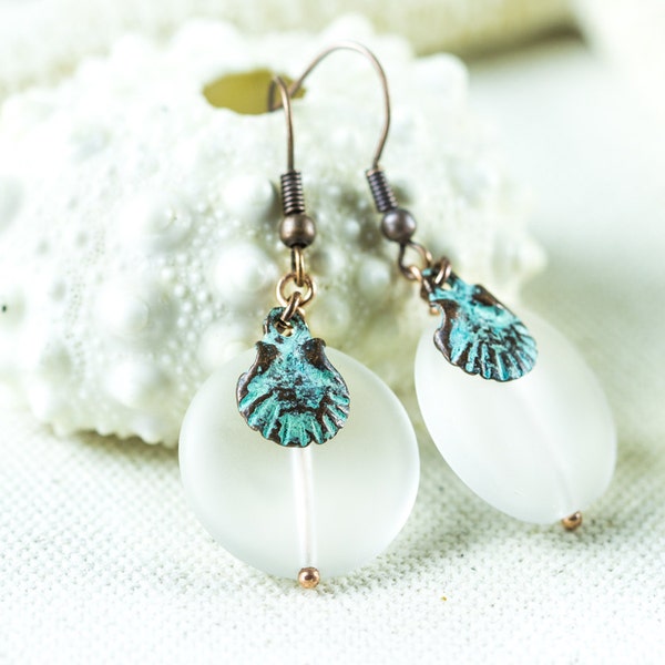 Sea glass and shell Patina earrings, Seaglass jewelry, Beaded Earrings, bohemian Sea jewelry, Seashell, boho Beach Earrings