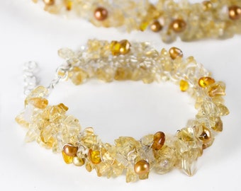 Handmade Crochet Citrine Bracelet, Freshwater Gold Pearls, November Yellow Birthstone