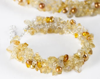 Citrine and pearls bracelet, November Birthstone jewelry Yellow Gemstone bracelet Handmade Crochet Knitted Lace with Freshwater Gold Pearls