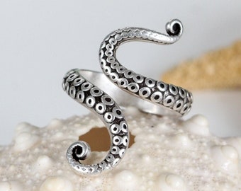 Octopus ring, silver tentacle adjustable band, Animal Bohemian jewelry Midi squid ocean sea life Rings gift, Free gift box