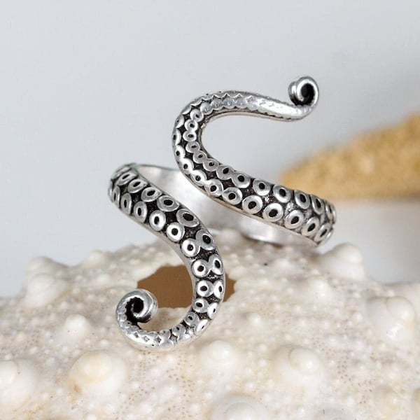 Octopus ring, silver tentacle adjustable band, Animal Bohemian jewelry Midi squid ocean sea life Rings gift, Free gift box