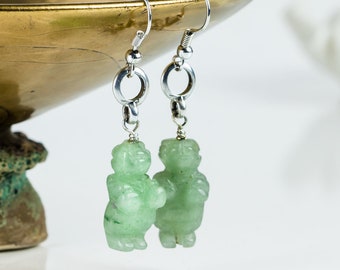 Handmade Carved Jade Venus Silver Dangle Earrings, Fertility Goddess Gift, Boho Summer Jewelry