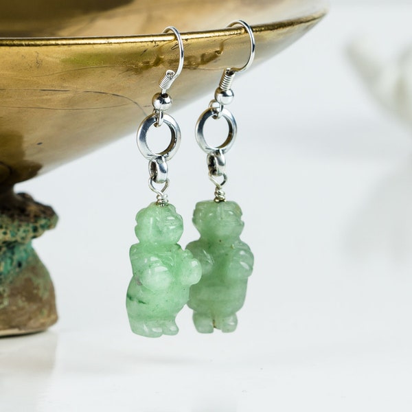 Mother Earth Earrings, Venus Silver dangling earrings, Boho bohemian tribal ethnic Fertility Goddess Handmade carved jade Fall beach  gift