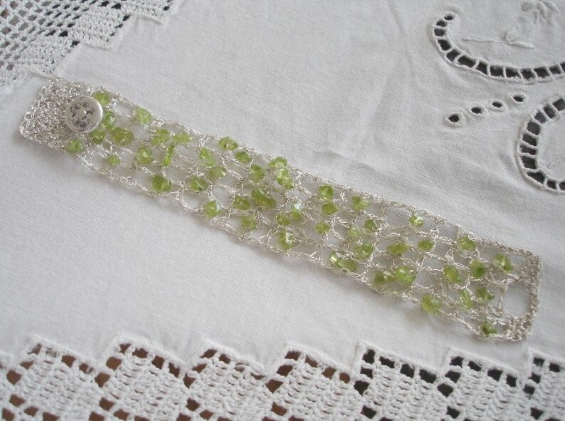 Peridot silver bracelet, Crochet Silver lace, modern bracelet, boho Bridal Jewelry, birthstone Green Peridot Gemstone, gift for her image 2