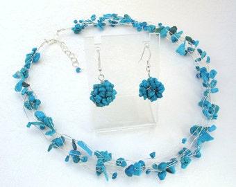 Turquoise Chip Necklace and Earrings Set, Sterling Silver Clasp, Bridesmaid Jewelry