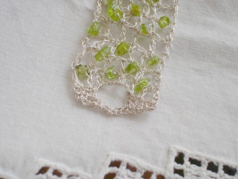 Peridot silver bracelet, Crochet Silver lace, modern bracelet, boho Bridal Jewelry, birthstone Green Peridot Gemstone, gift for her image 4