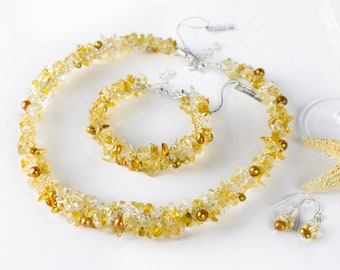 Citrine Jewelry set, Gold pearls, Yellow Carnelian Crochet Necklace bracelet and Gemstone Earrings, Boho Summer Wedding
