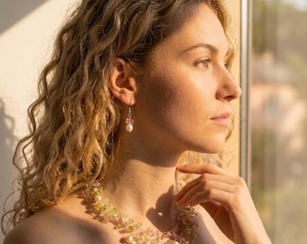 Citrine Peridot Cherry Quartz and pearls Necklace, Handmade Wire Wrapped Silver