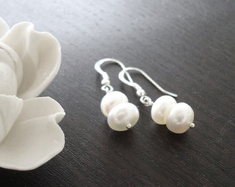 White Pearl Earrings, Handmade Sterling Silver Wire Wrapped modern jewelry, Valentine's Gift, Bridal gift, gift for her