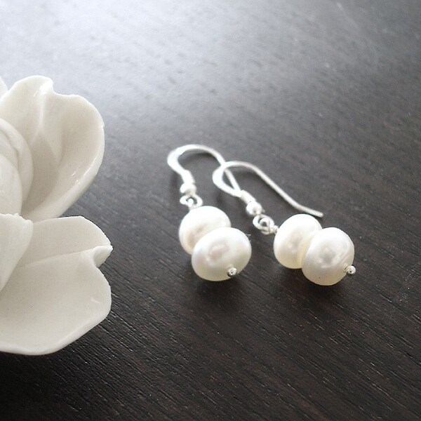 White Pearl Earrings, Handmade Sterling Silver Wire Wrapped modern jewelry, Valentine's Gift, Bridal gift, gift for her