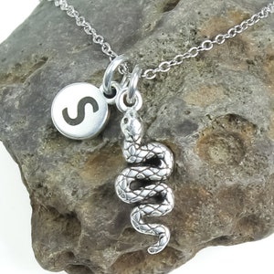 Snake necklace, Antique Silver engraved serpent charm, Personalized Pendant, Monogram Initial, bohemian jewelry gift for her for him image 3