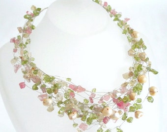 Multi color Pastel Necklace Silver Statement Wedding Natural gemstones Citrine Peridot Pink Cherry Quartz Pearls Jewelry Women gift for her