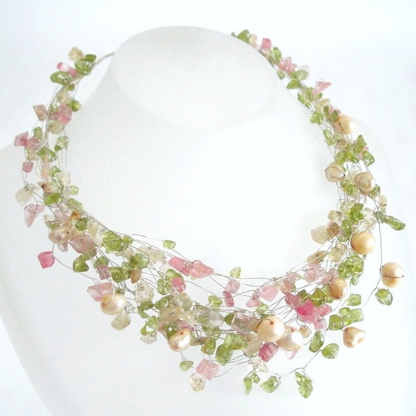 Citrine Peridot Cherry Quartz and pearls Necklace, Handmade Wire Wrapped Silver