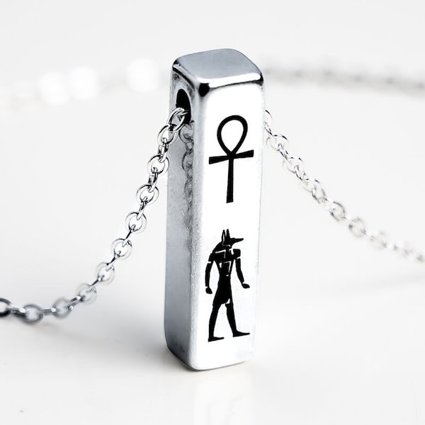 Silver Anubis bar Necklace, Egyptian God Necklace, Personalized Initial, Egyptian Symbol Jewelry, gift for him