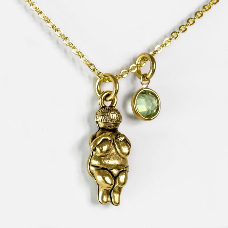 Venus of Willendorf Necklace, Gold Fertility Goddess, Mother Earth pendant, Personalized Monogram initial birthstone charm, Mothers Day Gift image 1